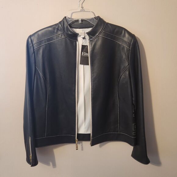 St. John Jackets & Blazers - ST. JOHN Sport Womens Black Leather Zip Front Collared Moto Jacket Size Medium